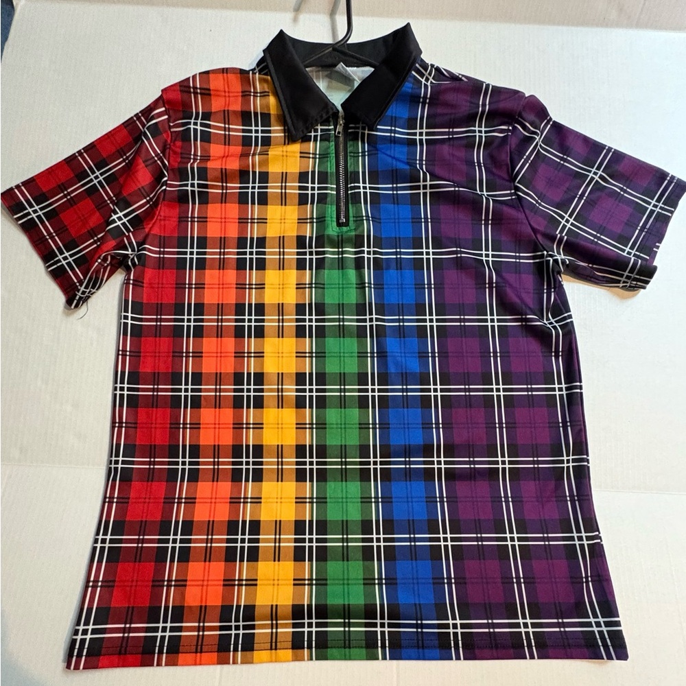 Vibrant Rainbow Plaid Short Sleeve Polo Shirt Size Large zip Closure Pride